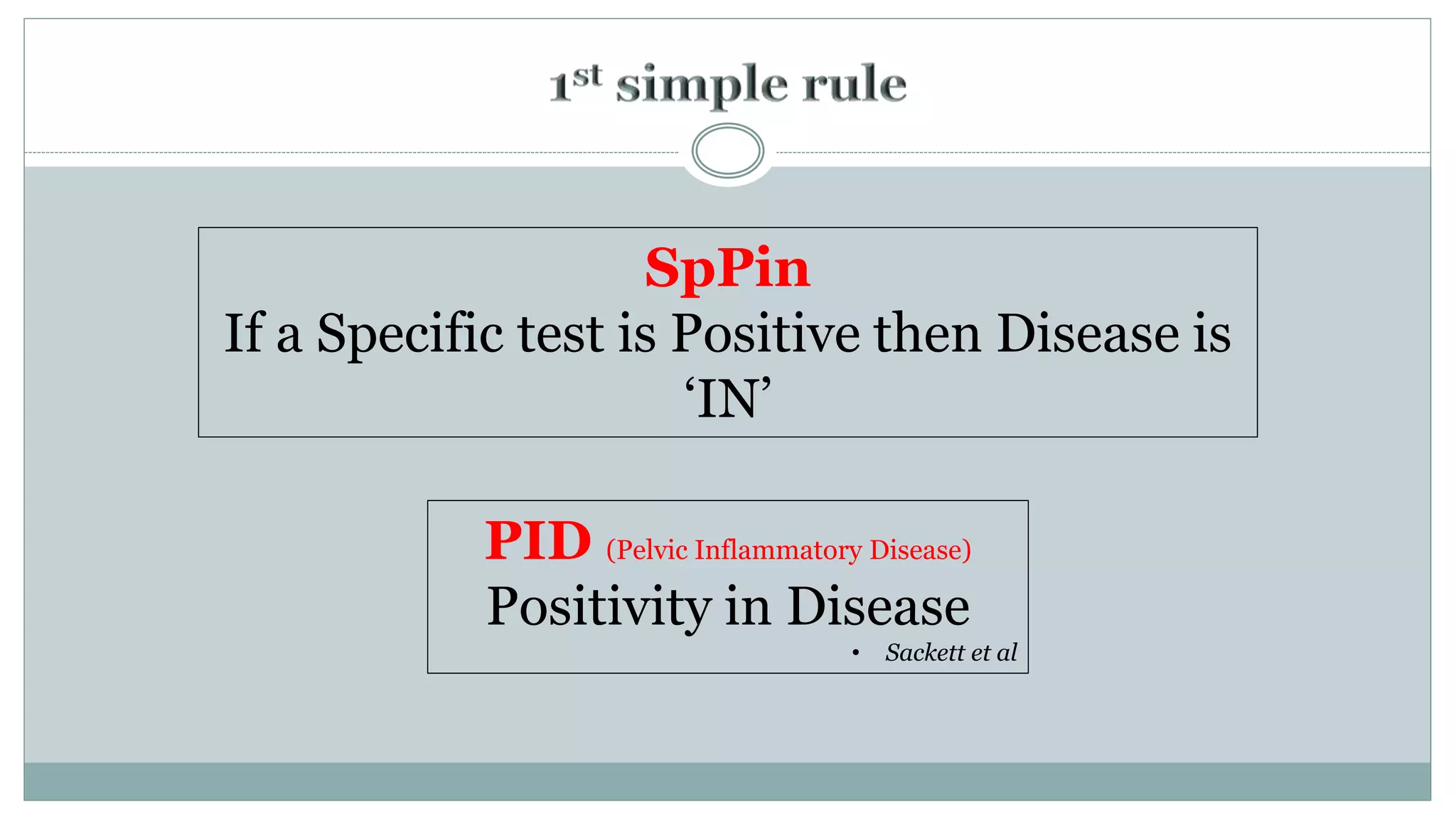 SpPin
If a Specific test is Positive then Disease is
‘IN’
PID (Pelvic Inflammatory Disease)
Positivity in Disease
• Sackett et al
 