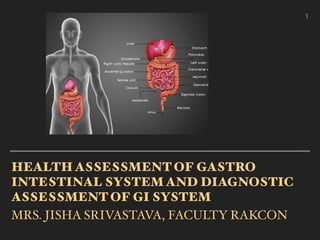 HEALTH ASSESSMENT OF GASTRO
INTESTINAL SYSTEM AND DIAGNOSTIC
ASSESSMENT OF GI SYSTEM
MRS. JISHA SRIVASTAVA, FACULTY RAKCON
￼
1
 