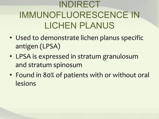 INDIRECT
IMMUNOFLUORESCENCE IN
LICHEN PLANUS
• Used to demonstrate lichen planus specific
antigen (LPSA)
• LPSA is expressed in stratum granulosum
and stratum spinosum
• Found in 80% of patients with or without oral
lesions
 