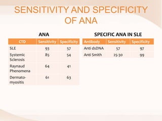 SENSITIVITY AND SPECIFICITY
OF ANA
ANA
CTD Sensitivity Specificity
SLE 93 57
Systemic
Sclerosis
85 54
Raynaud
Phenomena
64 41
Dermato-
myositis
61 63
SPECIFIC ANA IN SLE
Antibody Sensitivity Specificity
Anti dsDNA 57 97
Anti Smith 25-30 99
 