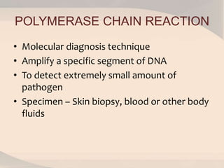 POLYMERASE CHAIN REACTION
• Molecular diagnosis technique
• Amplify a specific segment of DNA
• To detect extremely small amount of
pathogen
• Specimen – Skin biopsy, blood or other body
fluids
 