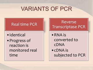VARIANTS OF PCR
Real time PCR
•Identical
•Progress of
reaction is
monitored real
time
Reverse
Transcriptase PCR
•RNA is
converted to
cDNA
•cDNA is
subjected to PCR
 