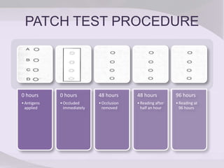 PATCH TEST PROCEDURE
0 hours
•Antigens
applied
0 hours
•Occluded
immediately
48 hours
•Occlusion
removed
48 hours
•Reading after
half an hour
96 hours
•Reading at
96 hours
 