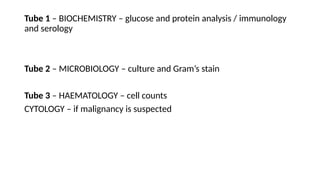 Tube 1 – BIOCHEMISTRY – glucose and protein analysis / immunology
and serology
Tube 2 – MICROBIOLOGY – culture and Gram’s stain
Tube 3 – HAEMATOLOGY – cell counts
CYTOLOGY – if malignancy is suspected
 