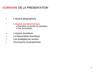 L’espace géographique L’espace socioéconomique   ■  Population et densité de population   ■  Flux de transport L’espace touristique La fréquentation touristique Les stratégies par versant Conclusions et perspectives SOMMAIRE  DE LA PRESENTATION 