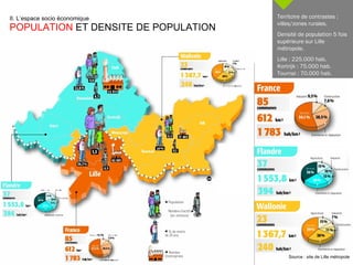 II. L’espace socio économique  POPULATION  ET DENSITE DE POPULATION Territoire de contrastes : villes/zones rurales. Densité de population 5 fois supérieure sur Lille métropole. Lille : 225.000 hab. Kortrijk : 75.000 hab. Tournai : 70.000 hab. Source : site de Lille métropole 