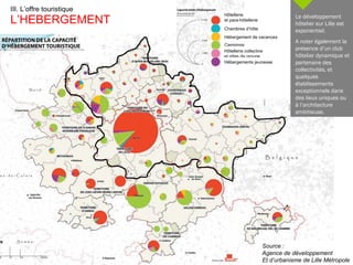 III. L’offre touristique L’HEBERGEMENT Hôtellerie  et para-hôtellerie Chambres d’hôte Hébergement de vacances Campings Hôtellerie collective  et gîtes de groupe Hébergements jeunesse Le développement hôtelier sur Lille est exponentiel. A noter également la présence d’un club hôtelier dynamique et partenaire des collectivités, et quelques établissements exceptionnels dans des lieux uniques ou à l’architecture ambitieuse. Source : Agence de développement Et d’urbanisme de Lille Métropole 