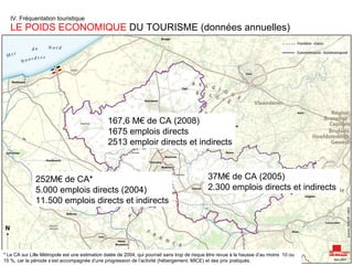 IV. Fréquentation touristique  LE POIDS ECONOMIQUE  DU TOURISME (données annuelles) 37M€ de CA (2005) 2.300 emplois directs et indirects 167,6 M€ de CA (2008) 1675 emplois directs 2513 emploir directs et indirects 252M€ de CA* 5.000 emplois directs (2004) 11.500 emplois directs et indirects * Le CA sur Lille Métropole est une estimation datée de 2004, qui pourrait sans trop de risque être revue à la hausse d’au moins  10 ou 15 %, car la période s’est accompagnée d’une progression de l’activité (hébergement, MICE) et des prix pratiqués.  