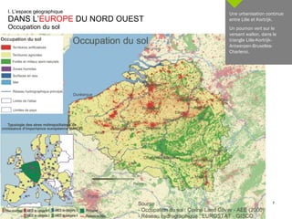 I. L’espace géographique  DANS L’ EUROPE  DU NORD OUEST Occupation du sol Une urbanisation continue entre Lille et Kortrijk. Un poumon vert sur le versant wallon, dans le triangle Lille-Kortrijk-Antwerpen-Bruxelles-Charleroi. 