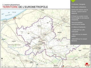I. L’espace géographique  TERRITOIRE  DE L’EUROMETROPOLE 3 cultures, 2 langues. Métropole multipolaire. Continuité urbaine vers la Flandre, rupture vers la Wallonie. A l’écart du cordon minier franco-belge et des bassins industriels. Terre de tradition marchande et textile. 2 millions d’habitants : 1.000.000 sur Lille métropole. 350.000 sur le versant wallon. 650.000 sur le versant flamand. 