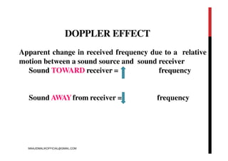 DOPPLER EFFECT
Apparent change in received frequency due to a relative
motion between a sound source and sound receiver
Sound TOWARD receiver = frequency
Sound AWAYfrom receiver = frequency
MAAJIDMALIKOFFICIAL@GMAIL.COM
 