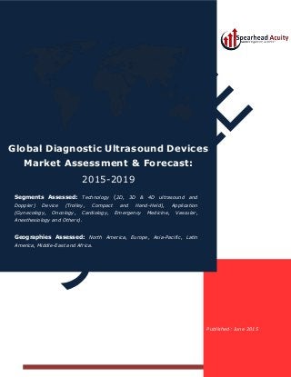 Published: June 2015
Global Diagnostic Ultrasound Devices
Market Assessment & Forecast:
2015-2019
Segments Assessed: Technology (2D, 3D & 4D ultrasound and
Doppler) Device (Trolley, Compact and Hand-Held), Application
(Gynecology, Oncology, Cardiology, Emergency Medicine, Vascular,
Anesthesiology and Others).
Geographies Assessed: North America, Europe, Asia-Pacific, Latin
America, Middle-East and Africa.
 