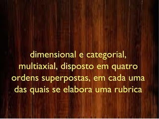 dimensional e categorial,
multiaxial, disposto em quatro
ordens superpostas, em cada uma
das quais se elabora uma rubrica
 
