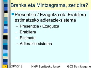09/10/13 HNP Berritzeko lanak G02 Berritzegunek13
Branka eta Mintzagrama, zer dira?
? Presentzia / Ezagutza eta Erabilera
estimatzeko adierazle-sistema
C Presentzia / Ezagutza
C Erabilera
C Estimatu
C Adierazle-sistema
 