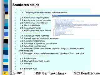 09/10/13 HNP Berritzeko lanak G02 Berritzegunek19
? 1. Identifikazio datuak
o 1.1. Datu gehigarriak:ikastetxearen hizkuntza ereduak
? 2. Eremu instituzionala
o 2.1. Antolakuntza: organo gorena
o 2.2. Antolakuntza: eskola kontseilua
o 2.3. Antolakuntza: zuzendaritza
o 2.4. Idatzizko erabilera
o 2.5. Kanpo-harremanak
o 2.6. Espazioaren hizkuntza. Antolaketa. Paisaia
? 3. Eskolako kideak
o 3.1. Ikasleak: jatorrizko hizkuntza
o 3.2. Ikasleak: euskara eta literatura ikasgaia
o 3.3. Ikasleak: mintzagramak
o 3.4. Irakasleak: ezagutza eta prestakuntza
o 3.5. Irakasleak: mintzagramak
o 3.6. Administrazio eta zerbitzuetako langileak: ezagutza, prestakuntza eta
ahozko erabilera
o 3.7. Gurasoak: ezagutza eta ikastetxearekin ohiko komunikazio hizkuntza
? 4. Gelaz kanpoko jarduerak
o 4.1. Eskola eragile
o 4.2. Elkarteak/Erakundeak eragile
o 4.3. Udalerria
? 5. Emaitzak
o 5.1. Emaitzak ikusi
Brankaren atalak
 