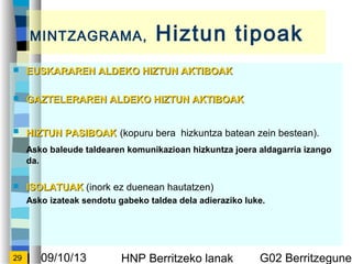 09/10/13 HNP Berritzeko lanak G02 Berritzegunek29
MINTZAGRAMA, Hiztun tipoak
? EUSKARAREN ALDEKO HIZTUN AKTIBOAKEUSKARAREN ALDEKO HIZTUN AKTIBOAK
? GAZTELERAREN ALDEKO HIZTUN AKTIBOAKGAZTELERAREN ALDEKO HIZTUN AKTIBOAK
? HIZTUN PASIBOAKHIZTUN PASIBOAK (kopuru bera hizkuntza batean zein bestean).
Asko baleude taldearen komunikazioan hizkuntza joera aldagarria izango
da.
? ISOLATUAKISOLATUAK (inork ez duenean hautatzen)
Asko izateak sendotu gabeko taldea dela adieraziko luke.
 