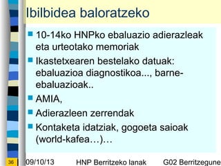 09/10/13 HNP Berritzeko lanak G02 Berritzegunek36
Ibilbidea baloratzeko
? 10-14ko HNPko ebaluazio adierazleak
eta urteotako memoriak
? Ikastetxearen bestelako datuak:
ebaluazioa diagnostikoa..., barne-
ebaluazioak..
? AMIA,
? Adierazleen zerrendak
? Kontaketa idatziak, gogoeta saioak
(world-kafea)
 