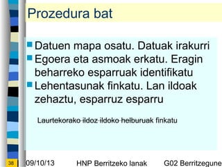09/10/13 HNP Berritzeko lanak G02 Berritzegunek38
Prozedura bat
? Datuen mapa osatu. Datuak irakurri
? Egoera eta asmoak erkatu. Eragin
beharreko esparruak identifikatu
? Lehentasunak finkatu. Lan ildoak
zehaztu, esparruz esparru
Laurtekorako ildoz ildoko helburuak finkatu
 
