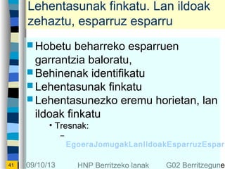 09/10/13 HNP Berritzeko lanak G02 Berritzegunek41
Lehentasunak finkatu. Lan ildoak
zehaztu, esparruz esparru
? Hobetu beharreko esparruen
garrantzia baloratu,
? Behinenak identifikatu
? Lehentasunak finkatu
? Lehentasunezko eremu horietan, lan
ildoak finkatu
? Tresnak:
C ?
EgoeraJomugakLanIldoakEsparruzEsparr
 