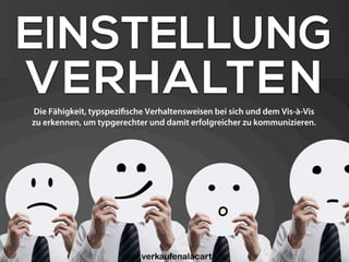 EINSTELLUNG
VERHALTEN
Uwe Günter-von Pritzbuer I Rieslingweg 7 I D-64646 Heppenheim I www.verkaufenalacarte.de I gvp@verkaufenalacarte.de
Die Fähigkeit, typspezifische Verhaltensweisen bei sich und dem Vis-à-Vis
zu erkennen, um typgerechter und damit erfolgreicher zu kommunizieren.
 
