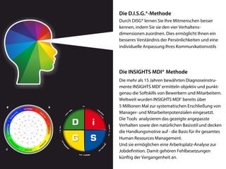 Die D.I.S.G.®-Methode
Durch DISG® lernen Sie Ihre Mitmenschen besser
kennen, indem Sie sie den vier Verhaltens-
dimensionen zuordnen. Dies ermöglicht Ihnen ein
besseres Verständnis der Persönlichkeiten und eine
individuelle Anpassung Ihres Kommunikationsstils
Die INSIGHTS MDI® Methode
Die mehr als 15 Jahren bewährten Diagnoseinstru-
mente INSIGHTS MDI® ermitteln objektiv und punkt-
genau die Softskills von Bewerbern und Mitarbeitern.
Weltweit wurden INSIGHTS MDI® bereits über
5 Millionen Mal zur systematischen Erschließung von
Manager- und Mitarbeiterpotenzialen eingesetzt.
Die Tools analysieren das gezeigte angepasste
Verhalten sowie den natürlichen Basisstil und decken
die Handlungsmotive auf - die Basis für ihr gesamtes
Human Resources Management.
Und sie ermöglichen eine Arbeitsplatz-Analyse zur
Jobdefinition. Damit gehören Fehlbesetzungen
künftig der Vergangenheit an.
Uwe Günter-von Pritzbuer I Rieslingweg 7 I D-64646 Heppenheim I www.verkaufenalacarte.de I gvp@verkaufenalacarte.de
 