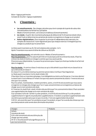 Bilan = logique patrimoine 
Compte de résultat = logique exploitation 
I. L’inventaire : 
 Les amortissements : Des charges calculées pour tenir compte de la perte de valeur des 
immobilisations du fait de leur utilisation 
- Modes d’amortissement ; voir (Calculs et tableaux d'amortissements) 
 Les stocks : A partir des inventaires physiques de début et de fin d’exercice (stock initial ; 
stock final) on détermine les variations de stocks à enregistrer en charge ou en produit 
 Autres régularisations : Pour respecter le principe d’indépendance des exercices, les 
comptes de classes 6 et 7 sont régularisés pour que chaque exercice n’enregistre que les 
charges ou produits qui le concernent 
Le bilan avant inventaire au 31 /12 est la balance des comptes 1 à 5. 
Après l’inventaire nous avons le bilan de clôture au 31/12/N 
Pour les amortissements, voir activités cours « Modes d’amortissement ». 
Pour les provisions : pour les yaourts périmés on ne peut pas juste les enlever du stock, il faut les 
enlever du stock et mettre en charge la somme que nous avons perdu. 
Provisions pour dépréciation, il y a aussi les provisions pour risque (un client qui tombe et se fait mal 
dans le magasin) 
Pour les stocks : ils sont en classe 3 mais tous ce qui a été acheté à aussi était mis en classe 6 et ce 
qui a été vendu en classe 7. 
En classe 3 il y a le même stock qu’au premier janvier donc c’est faux il faut régulariser. 
Le Stock avant inventaire c’est le stock initiale. (SI) 
Il faut donc faire un inventaire physique, il est obligatoire au moins une fois par an. Il va nous donner 
le stock final s’il est inférieur à l’initial c’est que nous avons consommé du stock à l’inverse cela veut 
dire que l’on a stocké. 
Pour les achats, marchandises, matière première, autres, si le SF>SI cela veut dire que nous avons 
enregistrer en charges des charges que l’on n’a pas consommé donc on enregistrera un baisse de 
charge sous le nom variations de stock. 
A l’inverse si le stock final < stock initiale cela veut dire que l’on a consommé et donc il faut constater 
une augmentation de charge sur le nom variation de stock. 
Si je constate à la fin de l’année il y a des produits, si le SF>SI cela veut dire qu’il y a des produits 
supplémentaire il s’agit d’une production supplémentaire. C’est donc un produit supplémentaire cela 
veut dire que je produis plus que ce que j’ai vendu. C’est une augmentation de produit 
Si SF<SI cela veut dire que l’on vend plus ce que l’on produit, et que l’on a vendu des choses qui non 
pas était produite cette année donc diminution de produit. 
Charges Produits 
Achats : 
Variation de stock 
Si SI a été consommé cela veut dire plus de 
charge que mes achats 
SF-SI= si résultat positif cela signifie que je n’ai 
pas tout consommé, 
 