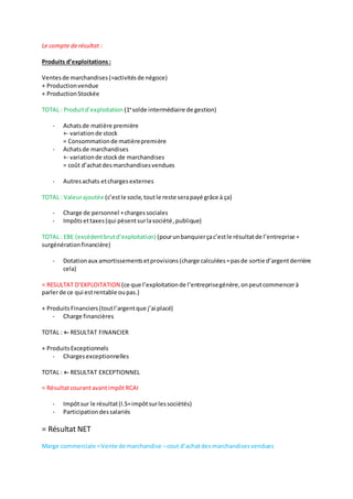 Le compte de résultat : 
Produits d’exploitations : 
Ventes de marchandises (=activités de négoce) 
+ Production vendue 
+ Production Stockée 
TOTAL : Produit d’exploitation (1e solde intermédiaire de gestion) 
- Achats de matière première 
+- variation de stock 
= Consommation de matière première 
- Achats de marchandises 
+- variation de stock de marchandises 
= coût d’achat des marchandises vendues 
- Autres achats et charges externes 
TOTAL : Valeur ajoutée (c’est le socle, tout le reste sera payé grâce à ça) 
- Charge de personnel + charges sociales 
- Impôts et taxes (qui pèsent sur la société, publique) 
TOTAL : EBE (excédent brut d’exploitation) (pour un banquier ça c’est le résultat de l’entreprise = 
surgénération financière) 
- Dotation aux amortissements et provisions (charge calculées = pas de sortie d’argent derrière 
cela) 
= RESULTAT D’EXPLOITATION (ce que l’exploitation de l’entreprise génère, on peut commencer à 
parler de ce qui est rentable ou pas.) 
+ Produits Financiers (tout l’argent que j’ai placé) 
- Charge financières 
TOTAL : +- RESULTAT FINANCIER 
+ Produits Exceptionnels 
- Charges exceptionnelles 
TOTAL : +- RESULTAT EXCEPTIONNEL 
= Résultat courant avant impôt RCAI 
- Impôt sur le résultat (I.S= impôt sur les sociétés) 
- Participation des salariés 
= Résultat NET 
Marge commerciale = Vente de marchandise – cout d’achat des marchandises vendues 
 