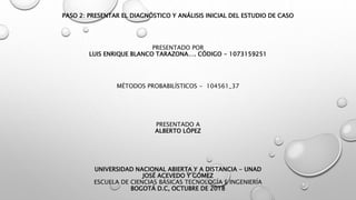 PASO 2: PRESENTAR EL DIAGNÓSTICO Y ANÁLISIS INICIAL DEL ESTUDIO DE CASO
PRESENTADO POR
LUIS ENRIQUE BLANCO TARAZONA…. CÓDIGO - 1073159251
MÉTODOS PROBABILÍSTICOS - 104561_37
PRESENTADO A
ALBERTO LÓPEZ
UNIVERSIDAD NACIONAL ABIERTA Y A DISTANCIA - UNAD
JOSÉ ACEVEDO Y GÓMEZ
ESCUELA DE CIENCIAS BÁSICAS TECNOLOGÍA E INGENIERÍA
BOGOTÁ D.C, OCTUBRE DE 2018
 