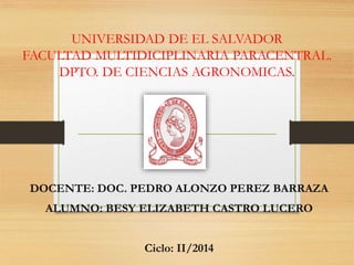 UNIVERSIDAD DE EL SALVADOR
FACULTAD MULTIDICIPLINARIA PARACENTRAL.
DPTO. DE CIENCIAS AGRONOMICAS.
DOCENTE: DOC. PEDRO ALONZO PEREZ BARRAZA
ALUMNO: BESY ELIZABETH CASTRO LUCERO
Ciclo: II/2014
 