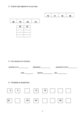 3- Coloca cada algarismo na sua casa.
66 79 24 10
4- Lê e escreve os números.
noventa e um __________ dezasseis __________ quarenta e cinco _________
vinte _________ catorze __________ dez __________
5- Completa as sequências.
0 4 12 16
32 40 44 56
2
72 11 18 56
D U
 