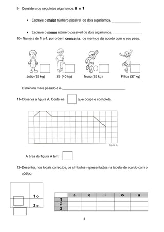 9- Considera os seguintes algarismos: 8 e 1
• Escreve o maior número possível de dois algarismos. ________________
• Escreve o menor número possível de dois algarismos. ________________
10- Numera de 1 a 4, por ordem crescente, os meninos de acordo com o seu peso.
João (35 kg) Zé (40 kg) Nuno (25 kg) Filipa (37 kg)
O menino mais pesado é o __________________________________.
11-Observa a figura A. Conta os que ocupa e completa.
A área da figura A tem:
12-Desenha, nos locais correctos, os símbolos representados na tabela de acordo com o
código.
1 o
2 e
4
a e i o u
1
2
3
 