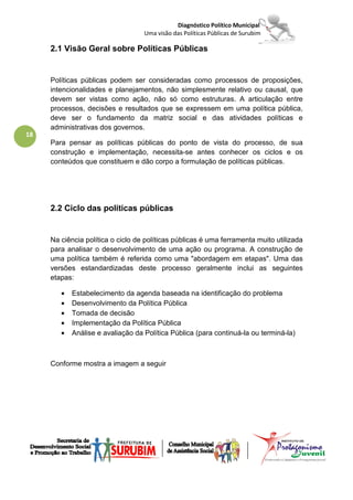 Diagnóstico Político Municipal
                                   Uma visão das Políticas Públicas de Surubim

     2.1 Visão Geral sobre Políticas Públicas


     Políticas públicas podem ser consideradas como processos de proposições,
     intencionalidades e planejamentos, não simplesmente relativo ou causal, que
     devem ser vistas como ação, não só como estruturas. A articulação entre
     processos, decisões e resultados que se expressem em uma política pública,
     deve ser o fundamento da matriz social e das atividades políticas e
     administrativas dos governos.
18
     Para pensar as políticas públicas do ponto de vista do processo, de sua
     construção e implementação, necessita-se antes conhecer os ciclos e os
     conteúdos que constituem e dão corpo a formulação de políticas públicas.




     2.2 Ciclo das políticas públicas


     Na ciência política o ciclo de políticas públicas é uma ferramenta muito utilizada
     para analisar o desenvolvimento de uma ação ou programa. A construção de
     uma política também é referida como uma "abordagem em etapas". Uma das
     versões estandardizadas deste processo geralmente inclui as seguintes
     etapas:

        •   Estabelecimento da agenda baseada na identificação do problema
        •   Desenvolvimento da Política Pública
        •   Tomada de decisão
        •   Implementação da Política Pública
        •   Análise e avaliação da Política Pública (para continuá-la ou terminá-la)



     Conforme mostra a imagem a seguir
 