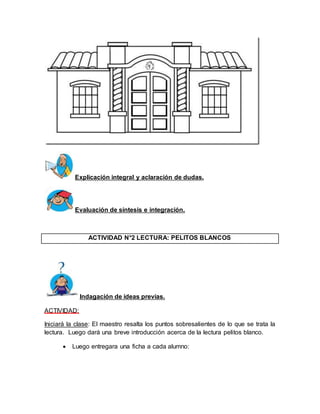 Explicación integral y aclaración de dudas. 
Evaluación de síntesis e integración. 
ACTIVIDAD N°2 LECTURA: PELITOS BLANCOS 
Indagación de ideas previas. 
ACTIVIDAD: 
Iniciará la clase: El maestro resalta los puntos sobresalientes de lo que se trata la 
lectura. Luego dará una breve introducción acerca de la lectura pelitos blanco. 
 Luego entregara una ficha a cada alumno: 
 
