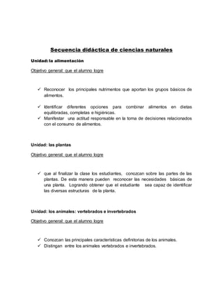 Secuencia didáctica de ciencias naturales 
Unidad: la alimentación 
Objetivo general: que el alumno logre 
 Reconocer los principales nutrimentos que aportan los grupos básicos de 
alimentos. 
 Identificar diferentes opciones para combinar alimentos en dietas 
equilibradas, completas e higiénicas. 
 Manifestar una actitud responsable en la toma de decisiones relacionados 
con el consumo de alimentos. 
Unidad: las plantas 
Objetivo general: que el alumno logre 
 que al finalizar la clase los estudiantes, conozcan sobre las partes de las 
plantas. De esta manera pueden reconocer las necesidades básicas de 
una planta. Logrando obtener que el estudiante sea capaz de identificar 
las diversas estructuras de la planta. 
Unidad: los animales: vertebrados e invertebrados 
Objetivo general: que el alumno logre 
 Conozcan las principales características definitorias de los animales. 
 Distingan entre los animales vertebrados e invertebrados. 
 