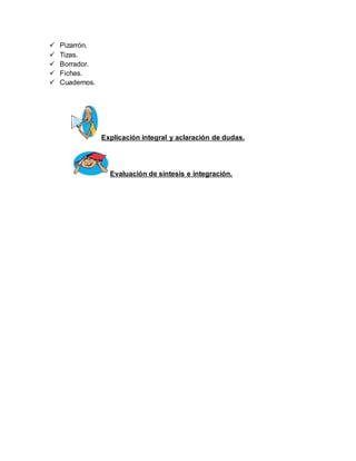  Pizarrón. 
 Tizas. 
 Borrador. 
 Fichas. 
 Cuadernos. 
Explicación integral y aclaración de dudas. 
Evaluación de síntesis e integración. 
 