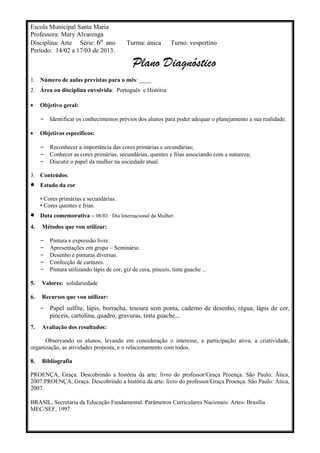 Escola Municipal Santa Maria
Professora: Mary Alvarenga
Disciplina: Arte Série: 6º ano             Turma: única        Turno: vespertino
Período: 14/02 a 17/03 de 2013.

                                              Plano Diagnóstico
1. Número de aulas previstas para o mês: ____
2. Área ou disciplina envolvida: Português e História

     Objetivo geral:

     – Identificar os conhecimentos prévios dos alunos para poder adequar o planejamento a sua realidade.

     Objetivos específicos:

     – Reconhecer a importância das cores primárias e secundárias;
     – Conhecer as cores primárias, secundárias, quentes e frias associando com a natureza;
     – Discutir o papel da mulher na sociedade atual.

3. Conteúdos:
     Estudo da cor

     • Cores primárias e secundárias.
     • Cores quentes e frias.
     Data comemorativa – 08/03 · Dia Internacional da Mulher.
4.   Métodos que vou utilizar:

     –   Pintura e expressão livre.
     –   Apresentações em grupo – Seminário.
     –   Desenho e pinturas diversas.
     –   Confecção de cartazes.
     –   Pintura utilizando lápis de cor, giz de cera, pinceis, tinta guache ...

5.   Valores: solidariedade

6.   Recursos que vou utilizar:
     – Papel sulfite, lápis, borracha, tesoura sem ponta, caderno de desenho, régua, lápis de cor,
         pinceis, cartolina, quadro, gravuras, tinta guache...
7.   Avaliação dos resultados:

      Observando os alunos, levando em consideração o interesse, a participação ativa, a criatividade,
organização, as atividades proposta, e o relacionamento com todos.

8.   Bibliografia

PROENÇA, Graça. Descobrindo a história da arte: livro do professor/Graça Proença. São Paulo: Ática,
2007.PROENÇA, Graça. Descobrindo a história da arte: livro do professor/Graça Proença. São Paulo: Ática,
2007.

BRASIL, Secretaria da Educação Fundamental. Parâmetros Curriculares Nacionais: Artes- Brasília
MEC/SEF, 1997
 