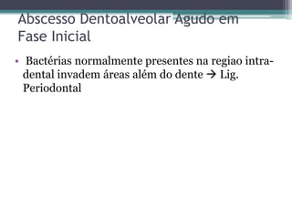 Abscesso Dentoalveolar Agudo em
Fase Inicial
• Bactérias normalmente presentes na regiao intra-
dental invadem áreas além do dente  Lig.
Periodontal
 