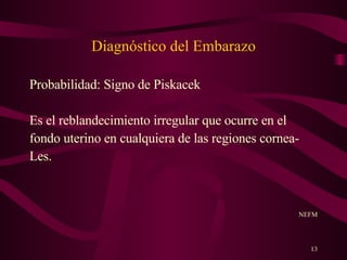 Diagnóstico del Embarazo Probabilidad: Signo de Piskacek Es el reblandecimiento irregular que ocurre en el fondo uterino en cualquiera de las regiones cornea- Les. NEFM 