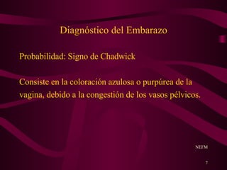 Diagnóstico del Embarazo Probabilidad: Signo de Chadwick Consiste en la coloración azulosa o purpúrea de la vagina, debido a la congestión de los vasos pélvicos. NEFM 