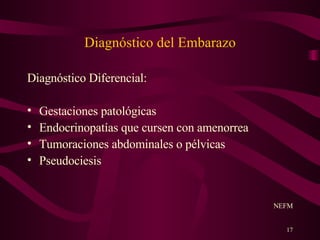 Diagnóstico del Embarazo Diagnóstico Diferencial: Gestaciones patológicas Endocrinopatías que cursen con amenorrea Tumoraciones abdominales o pélvicas Pseudociesis  NEFM 