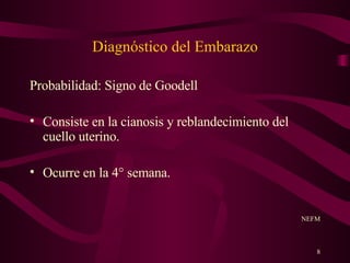 Diagnóstico del Embarazo Probabilidad: Signo de Goodell Consiste en la cianosis y reblandecimiento del cuello uterino. Ocurre en la 4° semana.  NEFM 