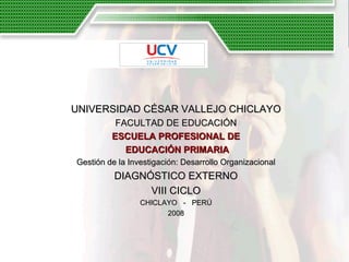 UNIVERSIDAD CÉSAR VALLEJO CHICLAYO FACULTAD DE EDUCACIÓN ESCUELA PROFESIONAL DE EDUCACIÓN PRIMARIA Gestión de la Investigación: Desarrollo Organizacional DIAGNÓSTICO EXTERNO VIII CICLO CHICLAYO  -  PERÚ 2008 
