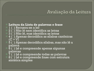 Leitura da Lista de palavras e frase 1 (  ) Recusou-se a ler 2 (  ) Não lê nem identifica as letras  3 (  ) Não lê, mas identifica as letras 4 (  ) Apenas decodifica as sílabas canônicas (C + V) 5 (  ) Apenas decodifica sílabas, mas não lê a palavra 6 (  ) Lê e compreende apenas algumas palavras 7 (  ) Lê e compreende todas as palavras 8 (  ) Lê e compreende frase com estrutura sintática simples 
