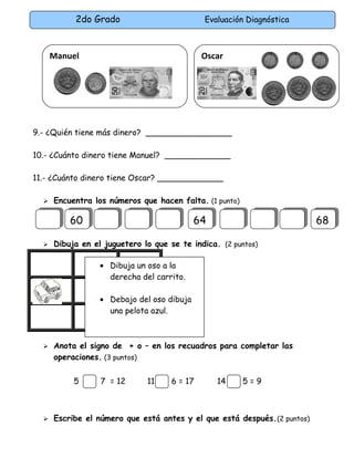 2do Grado Evaluación Diagnóstica
9.- ¿Quién tiene más dinero? _________________
10.- ¿Cuánto dinero tiene Manuel? _____________
11.- ¿Cuánto dinero tiene Oscar? _____________
 Encuentra los números que hacen falta. (1 punto)
 Dibuja en el juguetero lo que se te indica. (2 puntos)
 Anota el signo de + o – en los recuadros para completar las
operaciones. (3 puntos)
5 7 = 12 11 6 = 17 14 5 = 9
 Escribe el número que está antes y el que está después.(2 puntos)
Manuel Oscar
6060 6464 6868
• Dibuja un oso a la
derecha del carrito.
• Debajo del oso dibuja
una pelota azul.
 