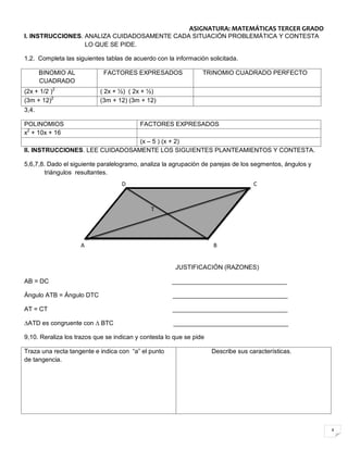 4
ASIGNATURA: MATEMÁTICAS TERCER GRADO
I. INSTRUCCIONES. ANALIZA CUIDADOSAMENTE CADA SITUACIÓN PROBLEMÁTICA Y CONTESTA
LO QUE SE PIDE.
1,2. Completa las siguientes tablas de acuerdo con la información solicitada.
BINOMIO AL
CUADRADO
FACTORES EXPRESADOS TRINOMIO CUADRADO PERFECTO
(2x + 1/2 )2
( 2x + ½) ( 2x + ½)
(3m + 12)2
(3m + 12) (3m + 12)
3,4.
POLINOMIOS FACTORES EXPRESADOS
x2
+ 10x + 16
(x – 5 ) (x + 2)
II. INSTRUCCIONES. LEE CUIDADOSAMENTE LOS SIGUIENTES PLANTEAMIENTOS Y CONTESTA.
5,6,7,8. Dado el siguiente paralelogramo, analiza la agrupación de parejas de los segmentos, ángulos y
triángulos resultantes.
JUSTIFICACIÓN (RAZONES)
AB = DC _________________________________
Ángulo ATB = Ángulo DTC _________________________________
AT = CT _________________________________
∆ATD es congruente con ∆ BTC _________________________________
9,10. Reraliza los trazos que se indican y contesta lo que se pide
Traza una recta tangente e indica con “a” el punto
de tangencia.
Describe sus características.
T
A B
D C
 
