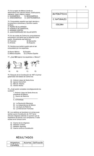 6

73. Es la región de México donde se
desarrollaron las culturas olmeca, teotihuacana,
zapoteca, maya, tolteca y azteca                   MATEMÁTICAS
A. SUDAMÉRICA             B. MESOAMÉRICA
C. ARIDOAMÉRICA           D. CENTROAMÉRICA
                                                   C. NATURALES
74. Conquistador español que logró derrotar a
los guerreros colimenses y dominar nuestro
territorio                                           COLIMA
A. PEDRO DE ALVARADO
B. GONZALO DE SANDOVAL
C. HERNÁN CORTÉS
D. JUAN RODRÍGUEZ DE VILLAFUERTE

75. En las costas de Colima los conquistadores
encontraron una bahía que la utilizarían como
puerto. Actualmente esa bahía es:
A) Tecomán                 B) Manzanillo
C) Armería                 D) Acapulco

76. Nombre que recibió nuestro país al ser
conquistado por los españoles.

A) Nuevo México          B) España
C) México-España          D) La Nueva España

77. ¿Qué NO trajeron los españoles a México?




 A)             B)            C)           D)

78. Después de la Constitución de 1857 el primer
gobernador del estado de Colima fue:

      A)   Antonio López de Santa Anna
      B)   Ignacio Comonfort
      C)   Manuel Álvarez
      D)   Silverio Núñez

79. ¿Cuál opción completa cronológicamente los
sucesos?
       1.-Antonio López de Santa Anna es
       presidente de México
       2.- Guerra de Reforma
       3.- __________________________
       4.- El Porfiriato

           A)   La Revolución Mexicana
           B)   La independencia de México
           C)   Las leyes de Reforma
           D)   La Intervención Francesa

80. Los católicos se levantaron en armas pues
sentían que la Constitución de 1917 tenía
artículos religiosos además no querían que se
repartieran las tierras a los campesinos. A este
suceso se le conoce como

      A)   Guerra de los religiosos
      B)   Rebelión Cristera
      C)   Rebelión Agrarista
      D)   Guerra contra la Constitución




                RESULTADOS

      Asignatura          Aciertos Calificación
      ESPAÑOL
 