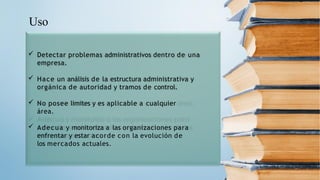Uso
 Detectar problemas administrativos dentro de una
empresa.
 Hace un análisis de la estructura administrativa y
orgánica de autoridad y tramos de control.
 No posee limites y es aplicable a cualquier
área.
 Adecua y monitoriza a las organizaciones para
enfrentar y estar acorde con la evolución de
los mercados actuales.
 