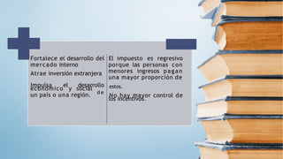 mercado interno
Atrae inversión extranjera
económico y social
un país o una región.
Fortalece el desarrollo del El impuesto es regresivo
porque las personas con
menores ingresos pagan
una mayor proporción de
Impulsa el desarrollo estos.
d e
No hay mayor control de
los incentivos.
 
