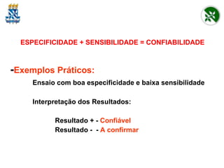 ESPECIFICIDADE + SENSIBILIDADE = CONFIABILIDADE - Exemplos Práticos: Ensaio com boa especificidade e baixa sensibilidade Interpretação dos Resultados: Resultado + -  Confiável Resultado -  -  A confirmar 