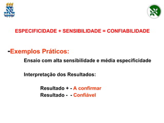 ESPECIFICIDADE + SENSIBILIDADE = CONFIABILIDADE - Exemplos Práticos: Ensaio com alta sensibilidade e média especificidade Interpretação dos Resultados: Resultado + -  A confirmar Resultado -  -  Confiável 
